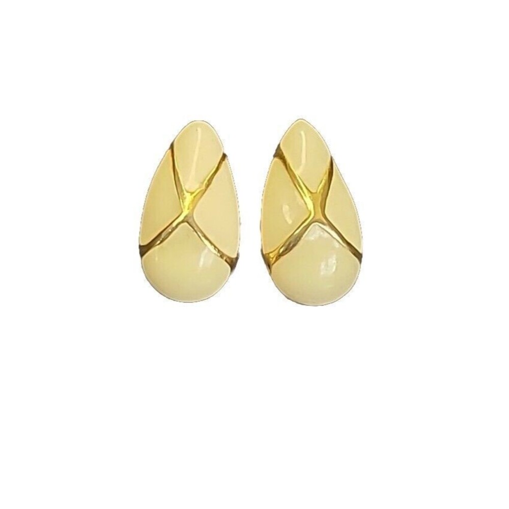 Vintage Signed Napier Designer Yellow Gold Toned Cream Enamel Earrings Clip On